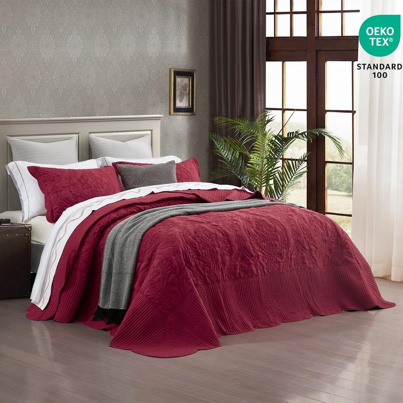 CHIXIN Oversized Bedspread Coverlet Set King Size - Lightweight Bedding Cover - Beautiful Stitching - 5 Piece Reversible Bedspread - Gorgeous Damask Paisley Pattern (King, Wine Red) - Image 2